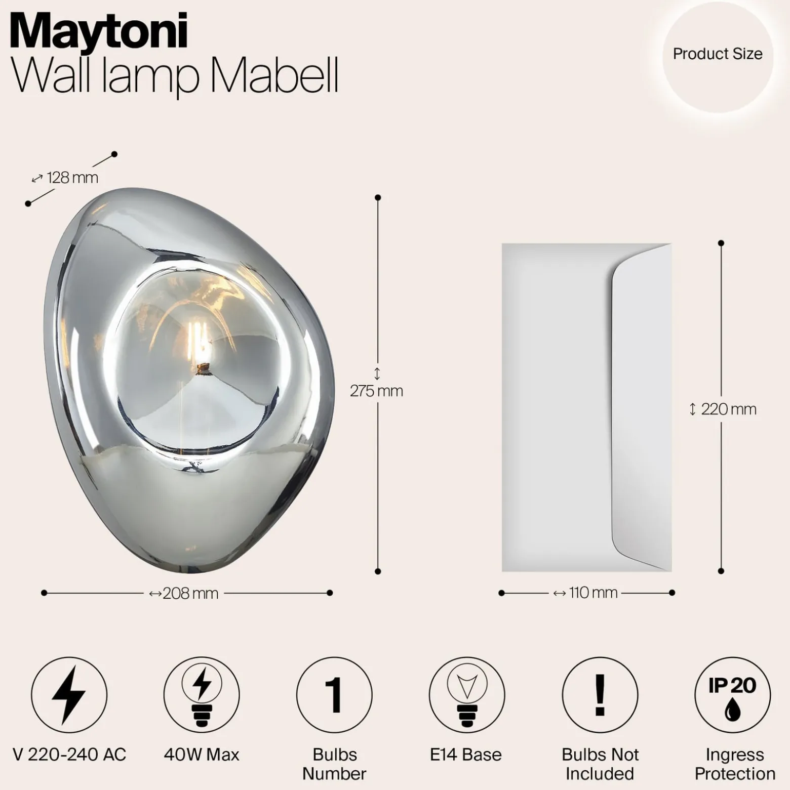 Maytoni Mabell -seinävalaisin, lasi, kromi