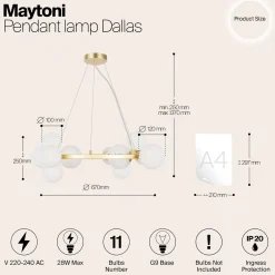 Maytoni-riippuvalaisin Dallas, 11-lamppuinen, kullanvärinen/valkoinen