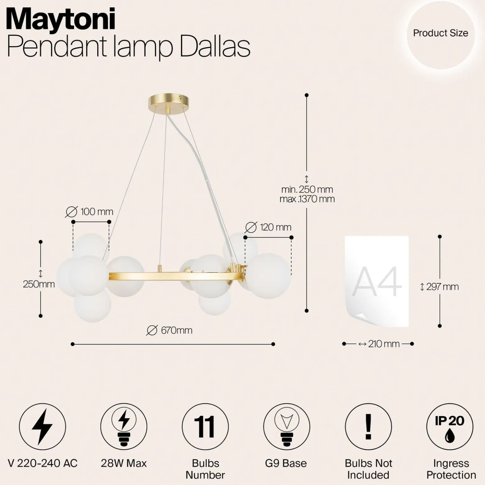Maytoni-riippuvalaisin Dallas, 11-lamppuinen, kullanvärinen/valkoinen