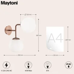 Maytoni seinävalaisin Erich, messinki rosé, lasi/metalli, 2-valo.