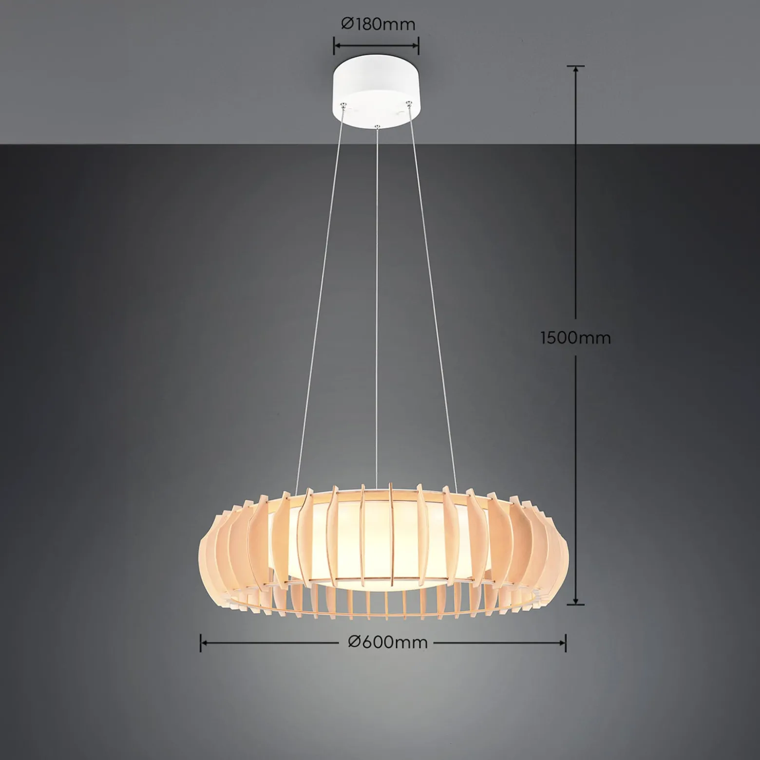 Monte LED-ripustusvalaisin, Ø 60 cm, vaalea puu, puu, CCT