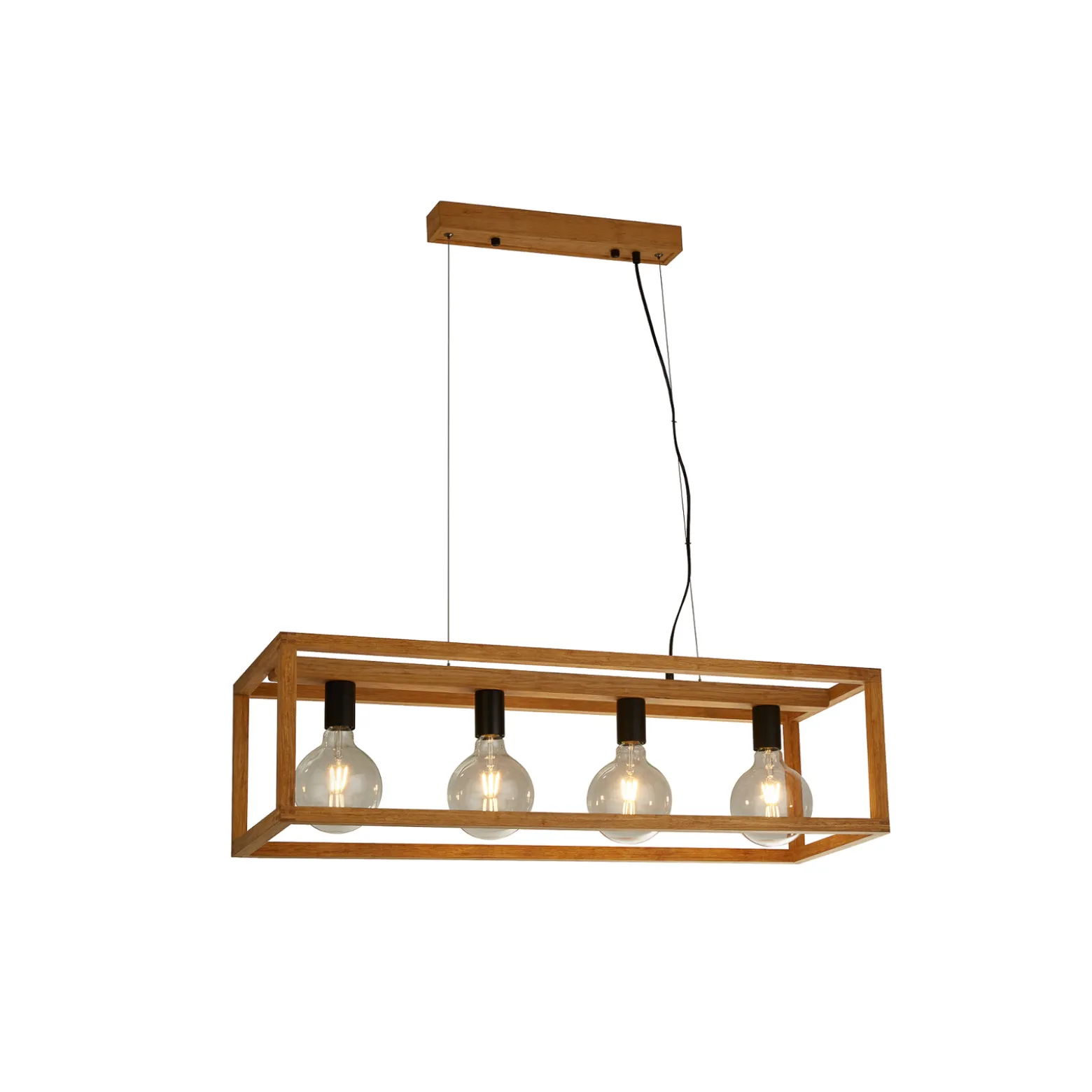 Nelikulmainen riipusvalaisin, 4-valo, 90 cm pitkä, bambu, E27