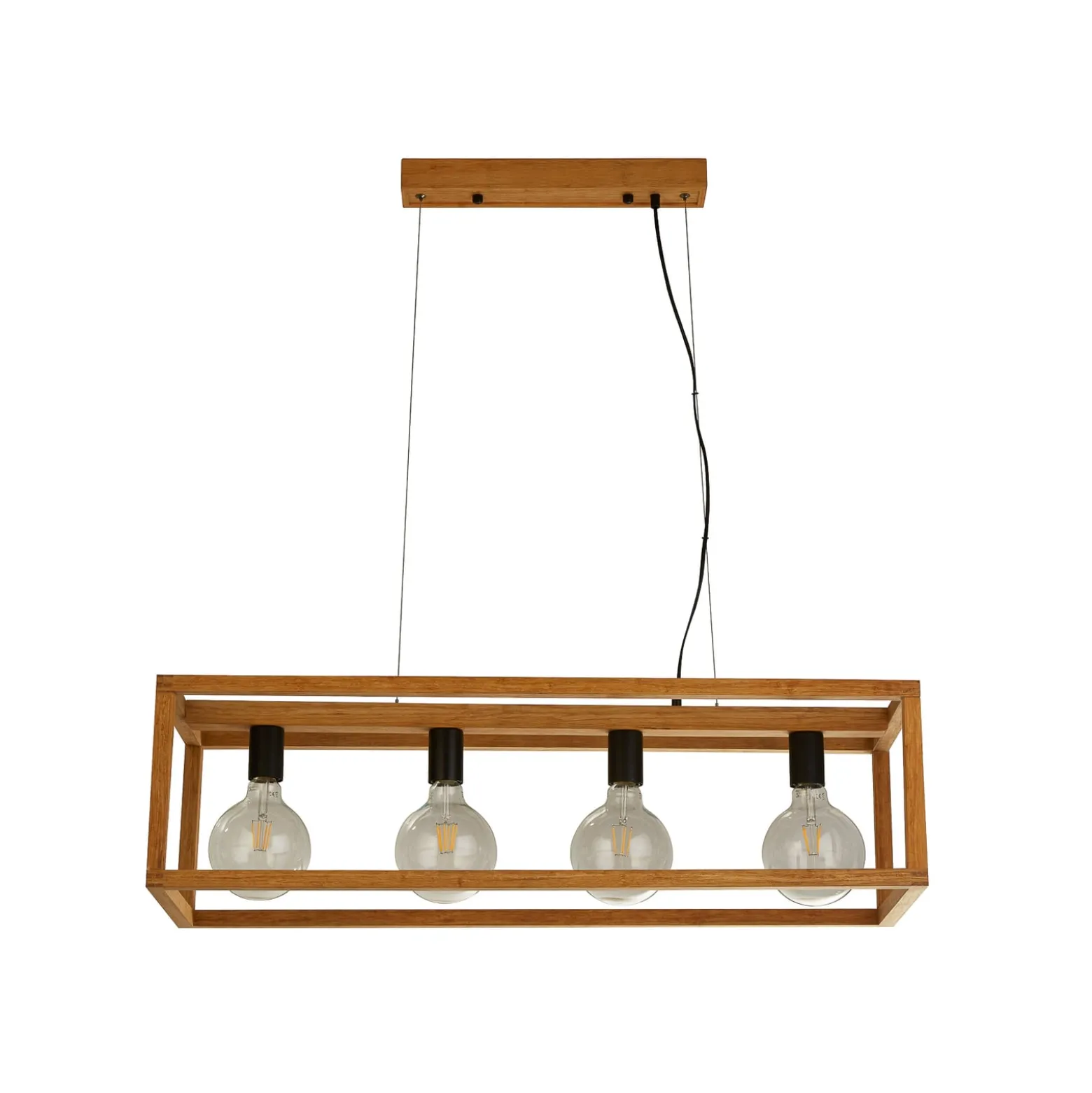Nelikulmainen riipusvalaisin, 4-valo, 90 cm pitkä, bambu, E27