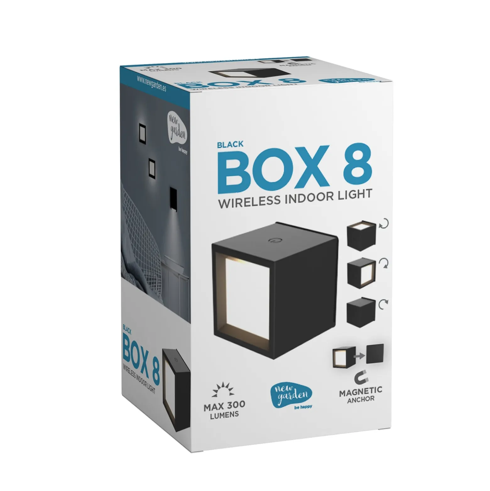 Newgarden LED-ladattava seinävalaisin Box 8, musta, 7.5x7.5cm