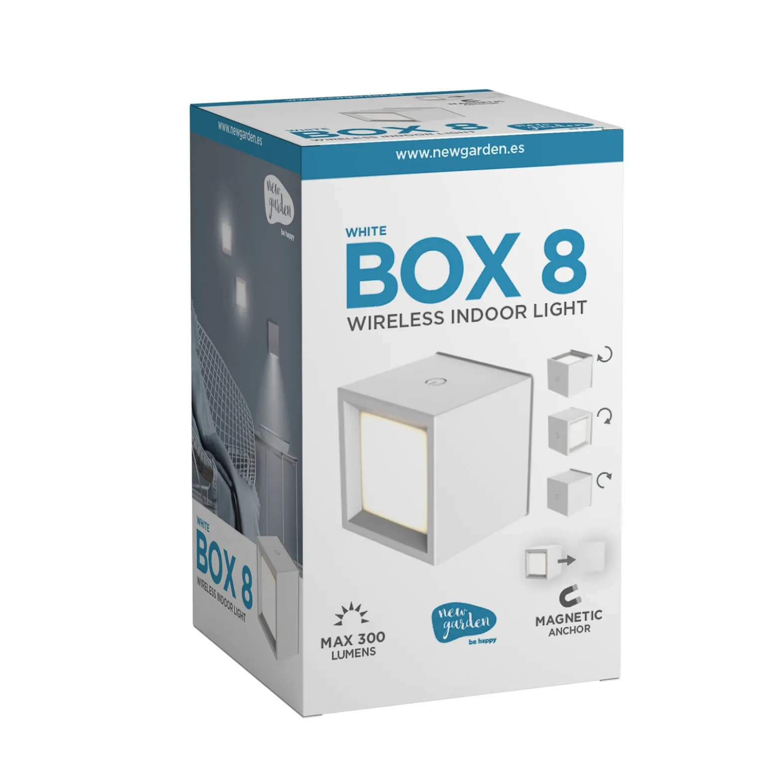 Newgarden LED-ladattava seinävalaisin Box 8, valkoinen, 7.5x7.5cm