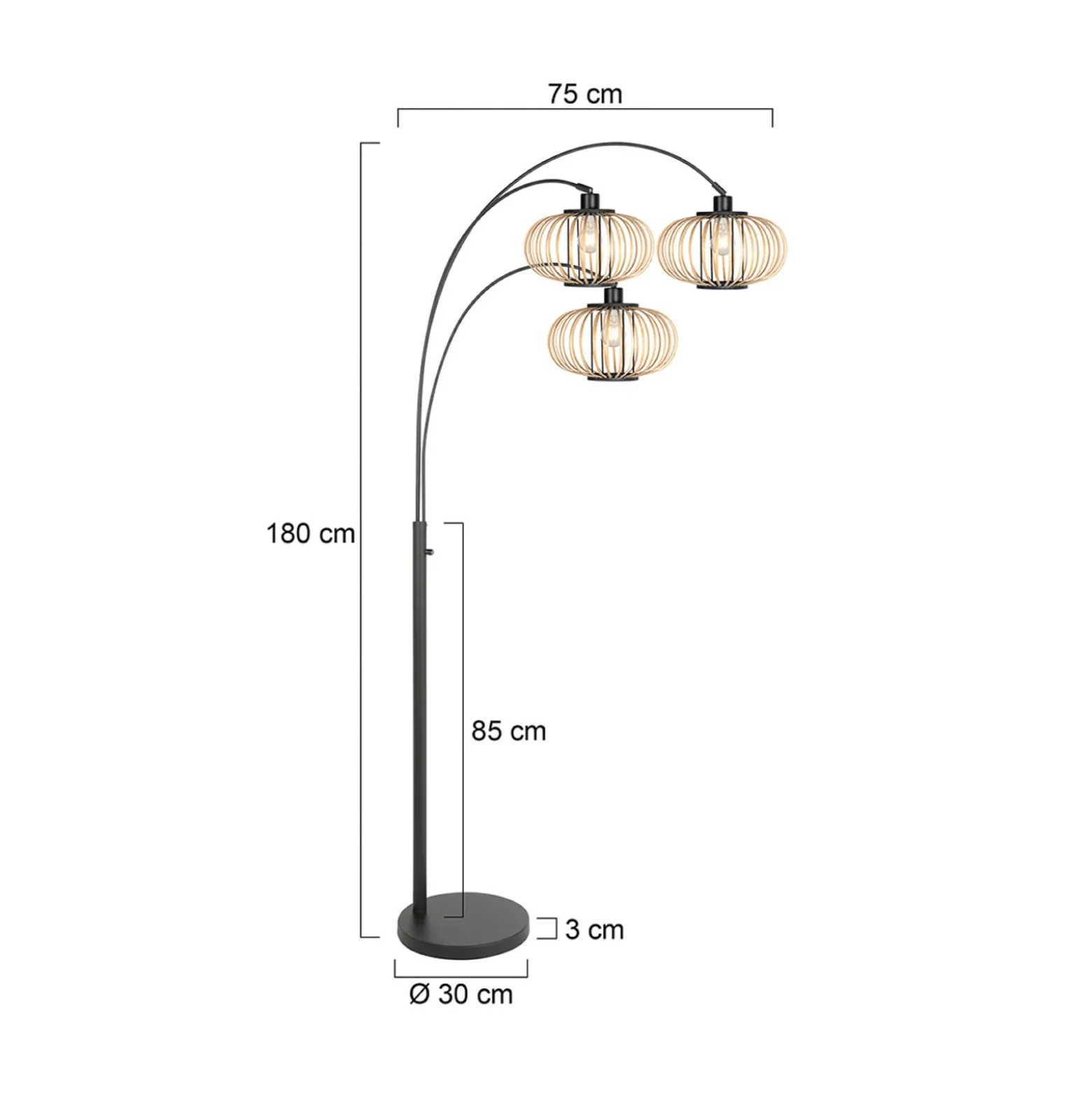Nox Light -maavalaisin, 3-lamppuinen, musta, bambutangot, E27