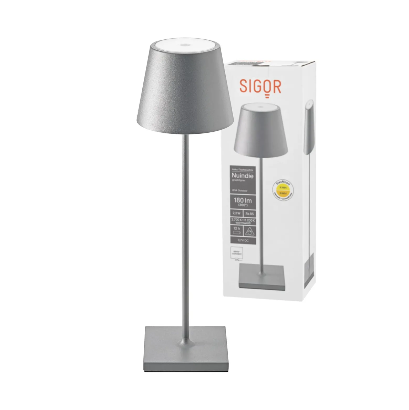 Nuindie LED ladattava pöytävalaisin, USB-C, grafiitti, IP54, himmennettävä