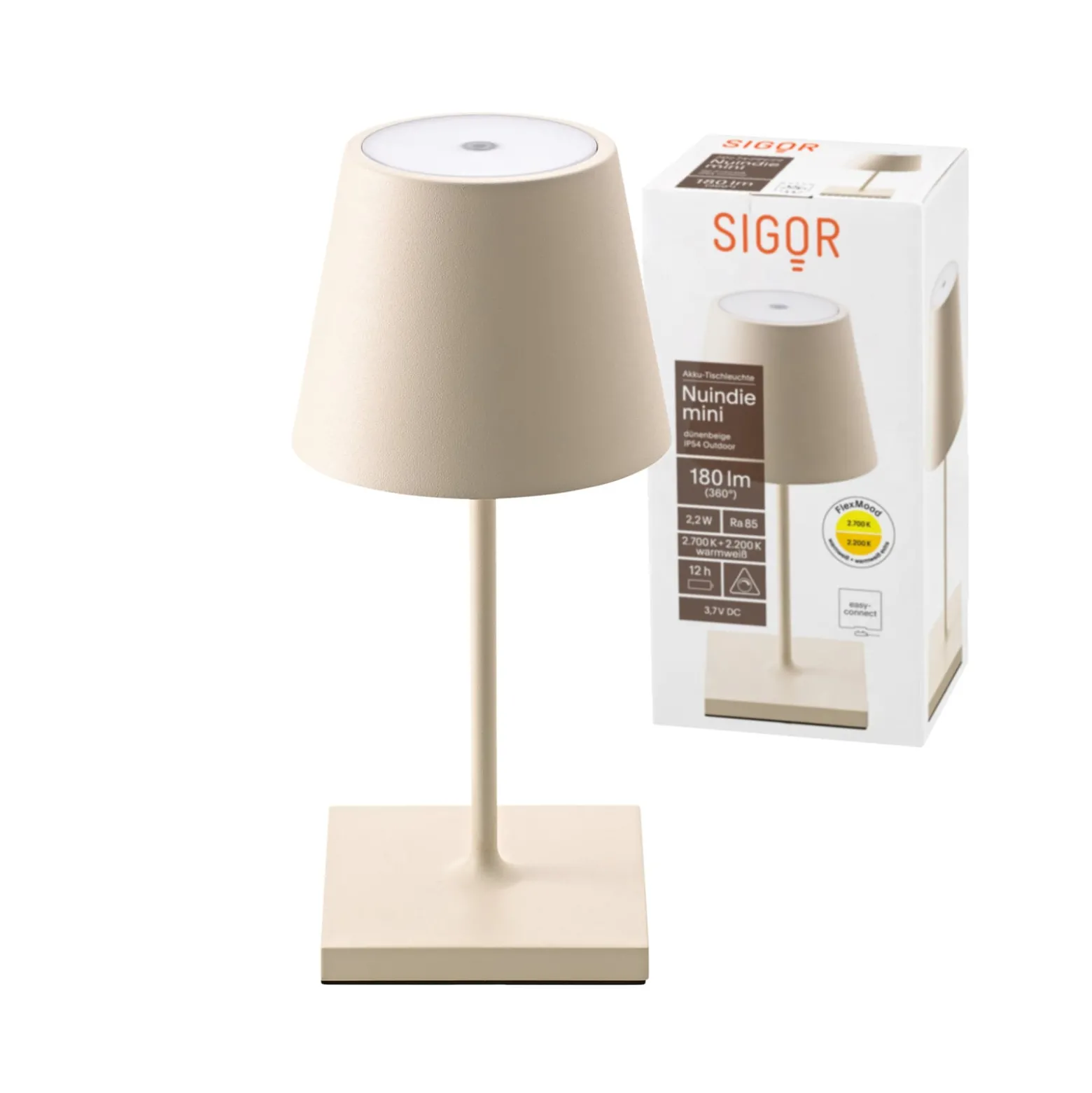 Nuindie mini LED ladattava pöytävalaisin, USB-C, beige, IP54, himmennettävä