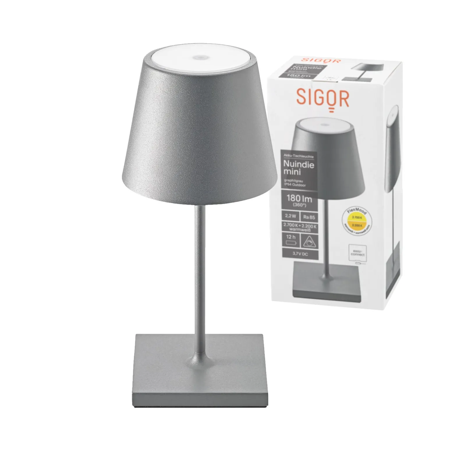 Nuindie mini LED ladattava pöytävalaisin, USB, grafiitti, IP54, himmennettävä