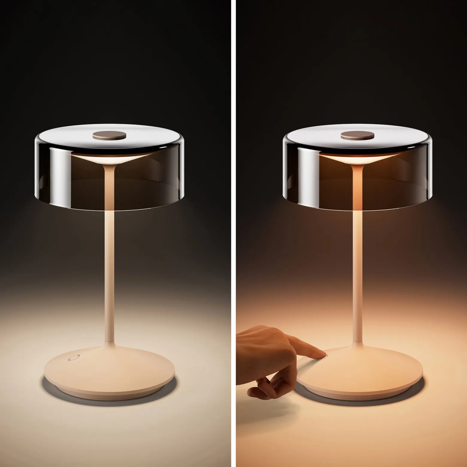 Numotion LED ladattava pöytävalaisin, beige, lasi, IP54, himmennettävä