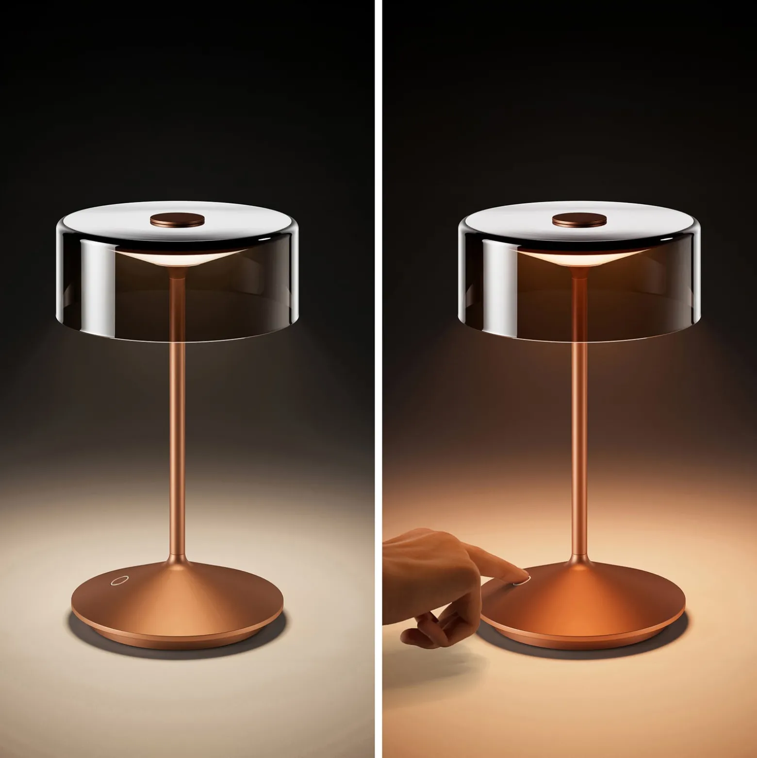 Numotion LED ladattava pöytävalaisin, pronssi, lasi, IP54, himmennettävä