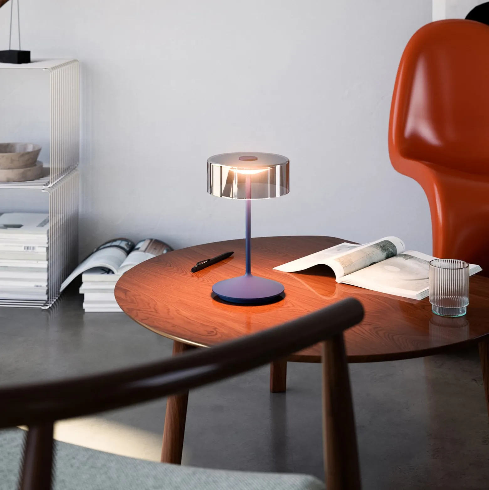 Numotion LED ladattava pöytävalaisin, sininen, lasi, IP54, himmennettävä