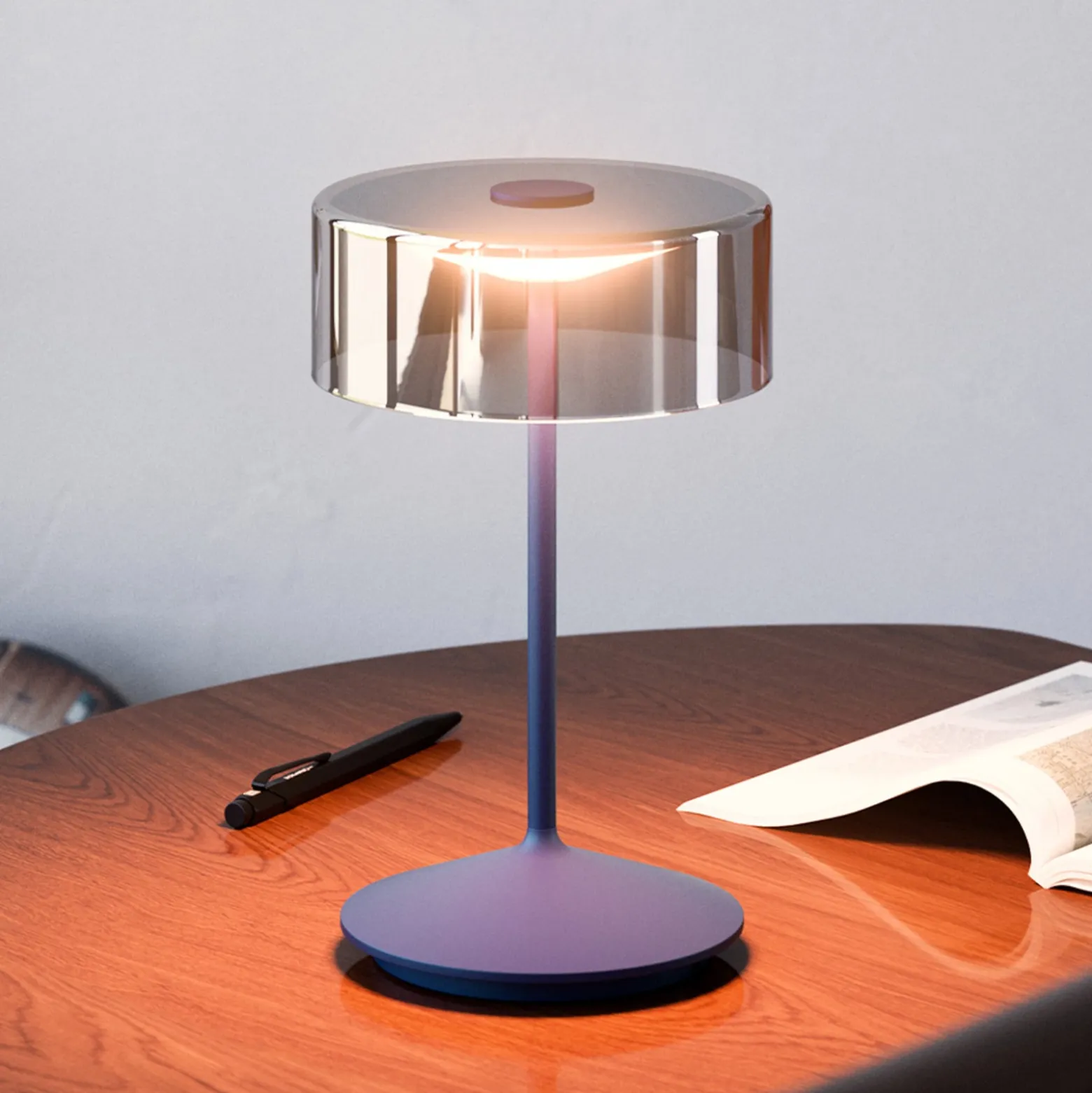 Numotion LED ladattava pöytävalaisin, sininen, lasi, IP54, himmennettävä