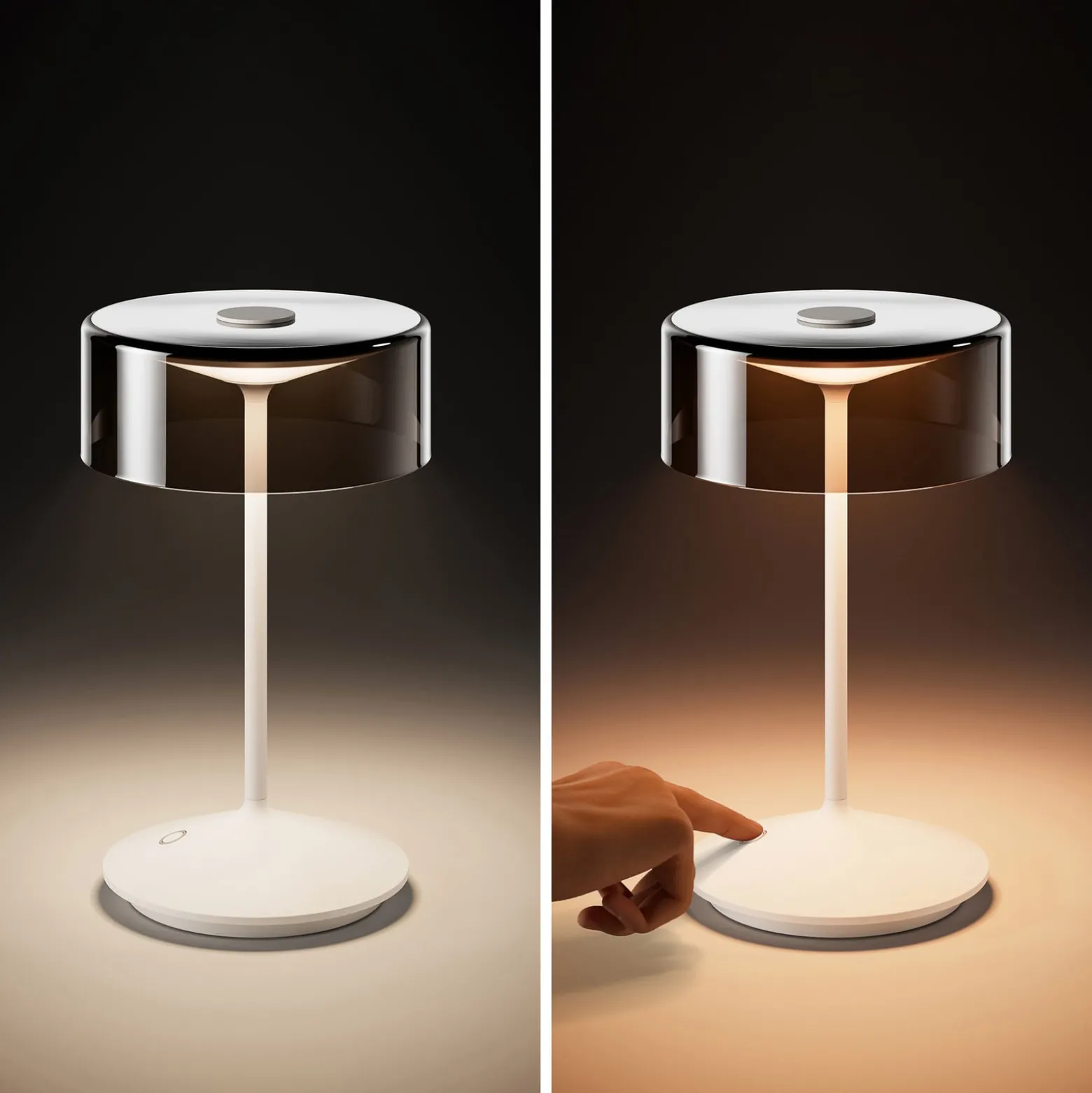 Numotion LED ladattava pöytävalaisin, valkoinen, lasi, IP54, himmennettävä