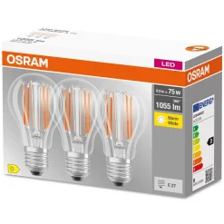 OSRAM-LED-filamenttilamppu E27 Base 7,5W 2700K 3 x