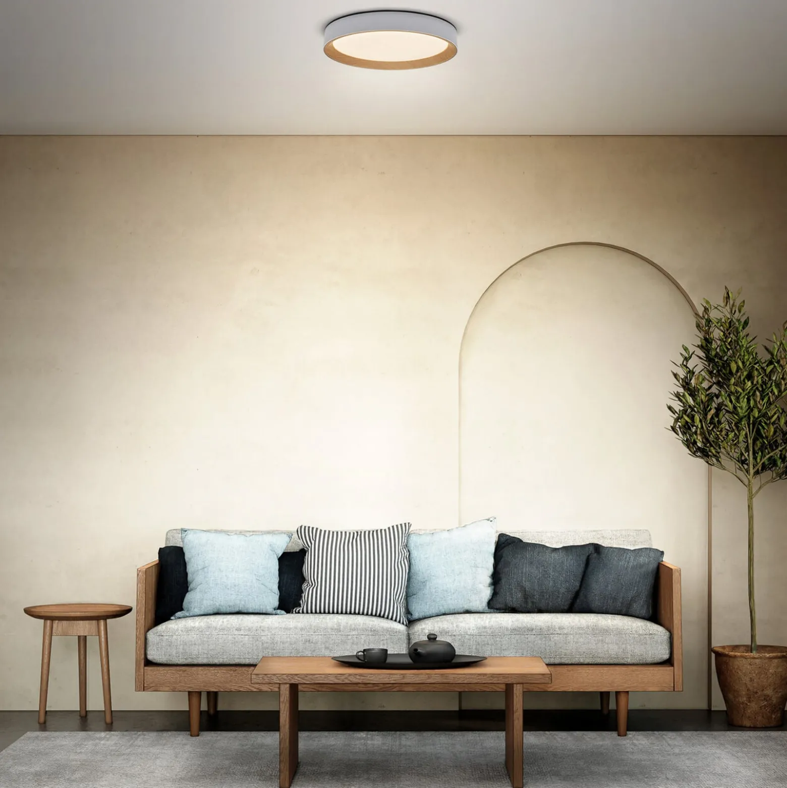 OSRAM LED-kattovalaisin ORBIS LARIOS, valkoinen/puu, halkaisija 29 cm,