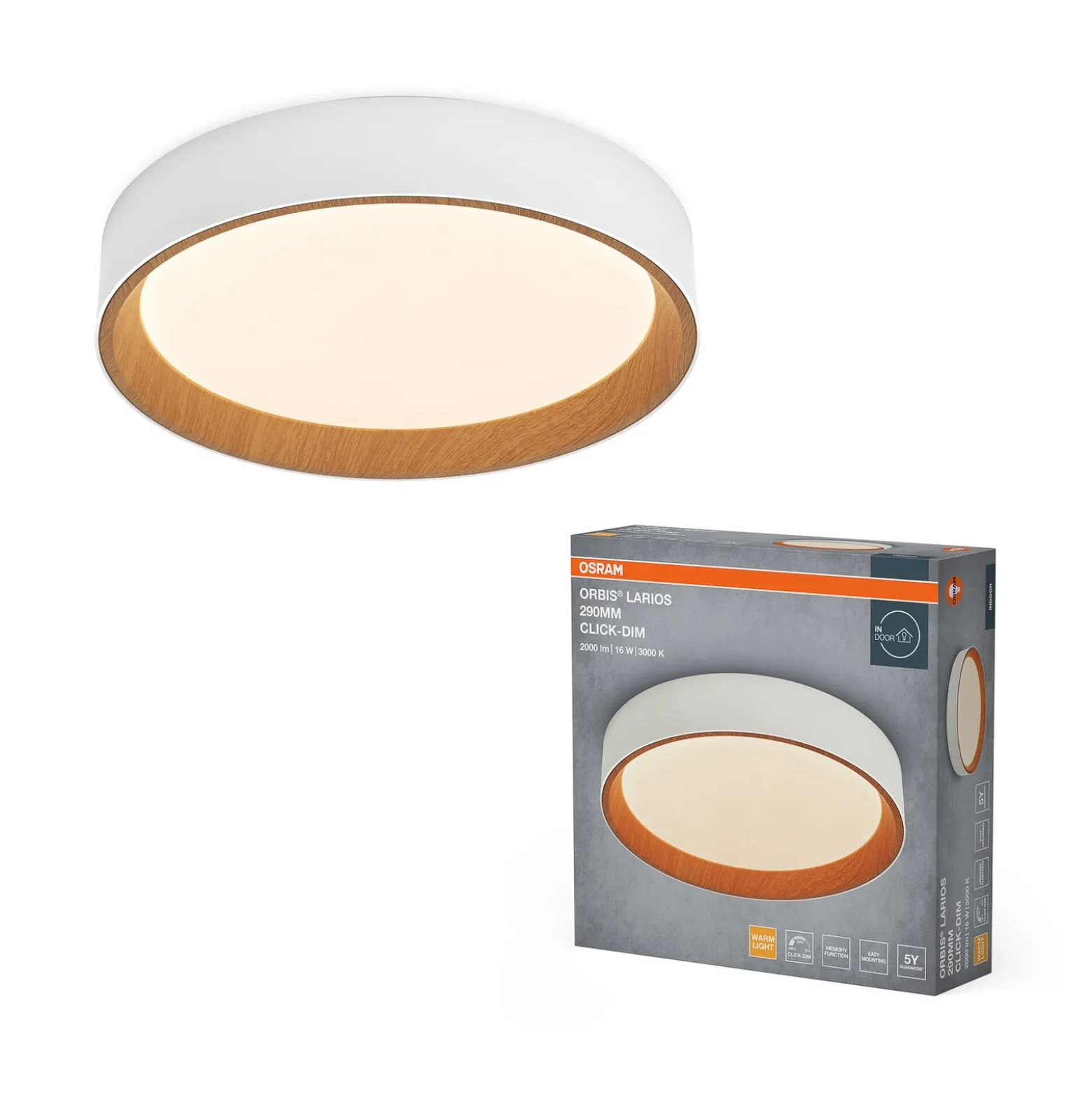 OSRAM LED-kattovalaisin ORBIS LARIOS, valkoinen/puu, halkaisija 29 cm,