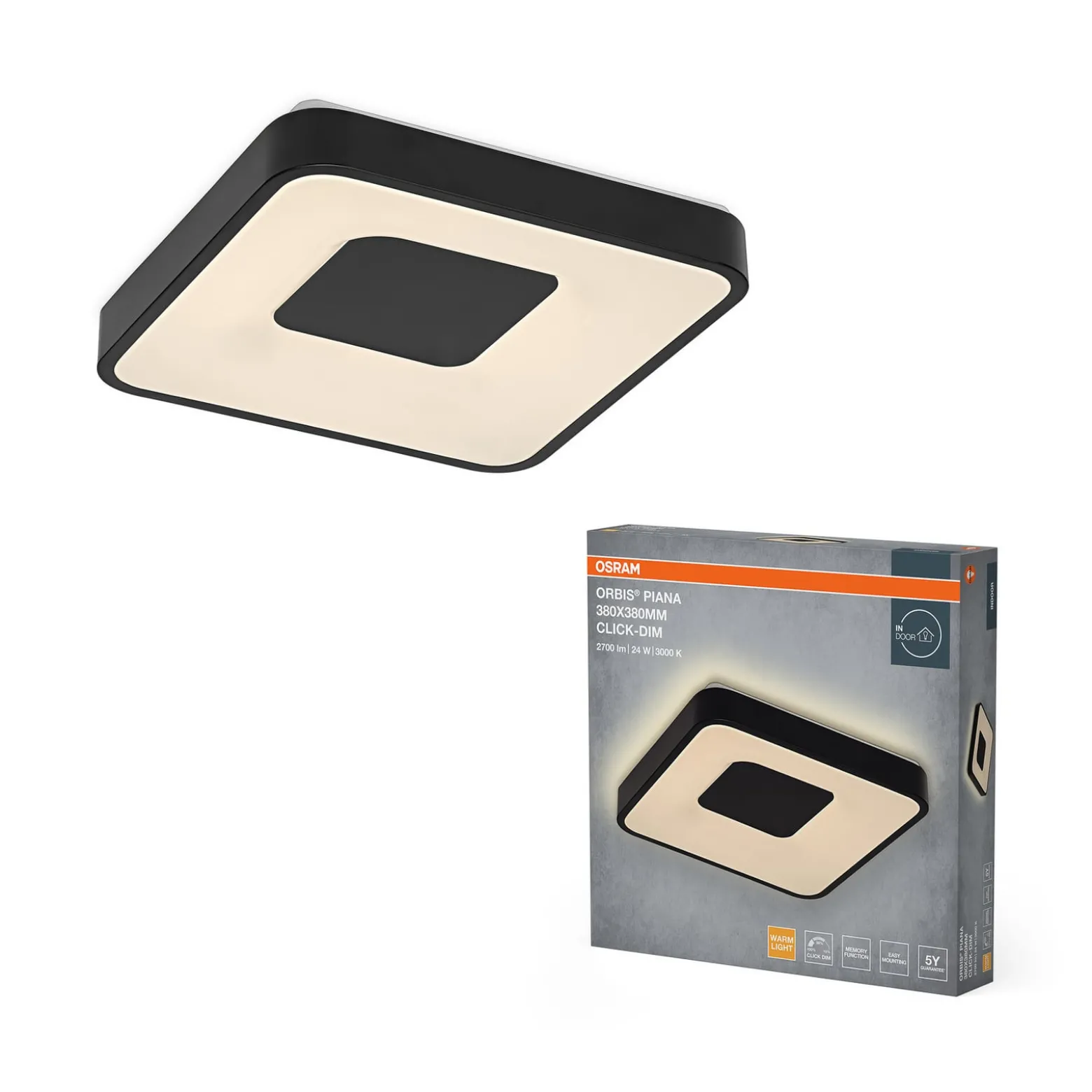 OSRAM LED-kattovalaisin ORBIS PIANA, musta 38x38 cm, clickdim