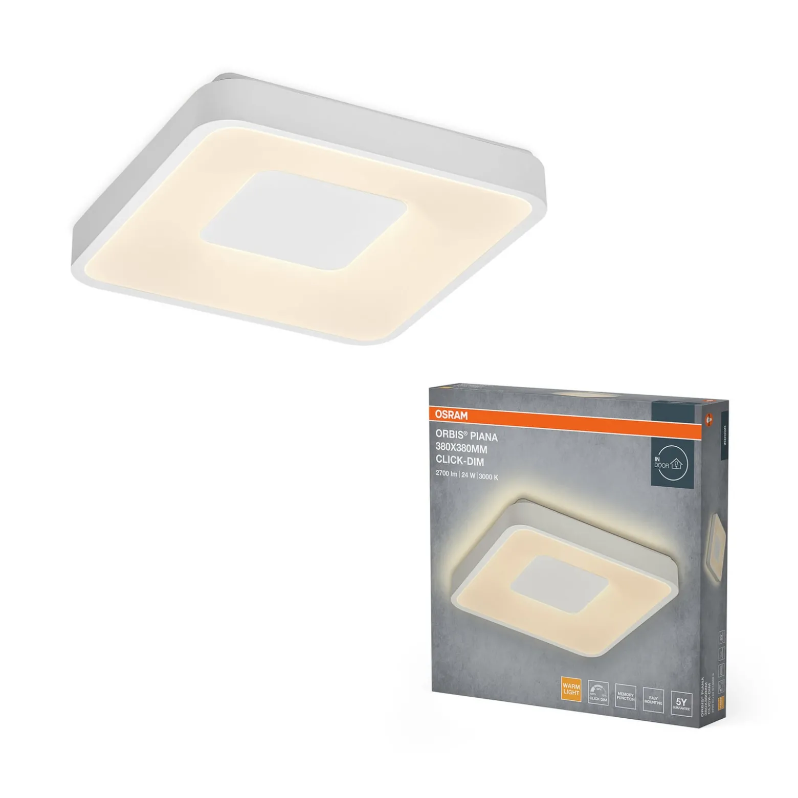 OSRAM LED-kattovalaisin ORBIS PIANA, valkoinen, 38 x 38 cm, clickdim