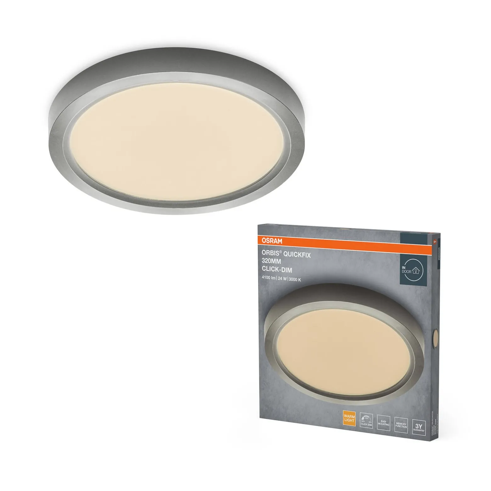 OSRAM LED-kattovalaisin ORBIS QUICKFIX Ø 32 cm hopea clickdim