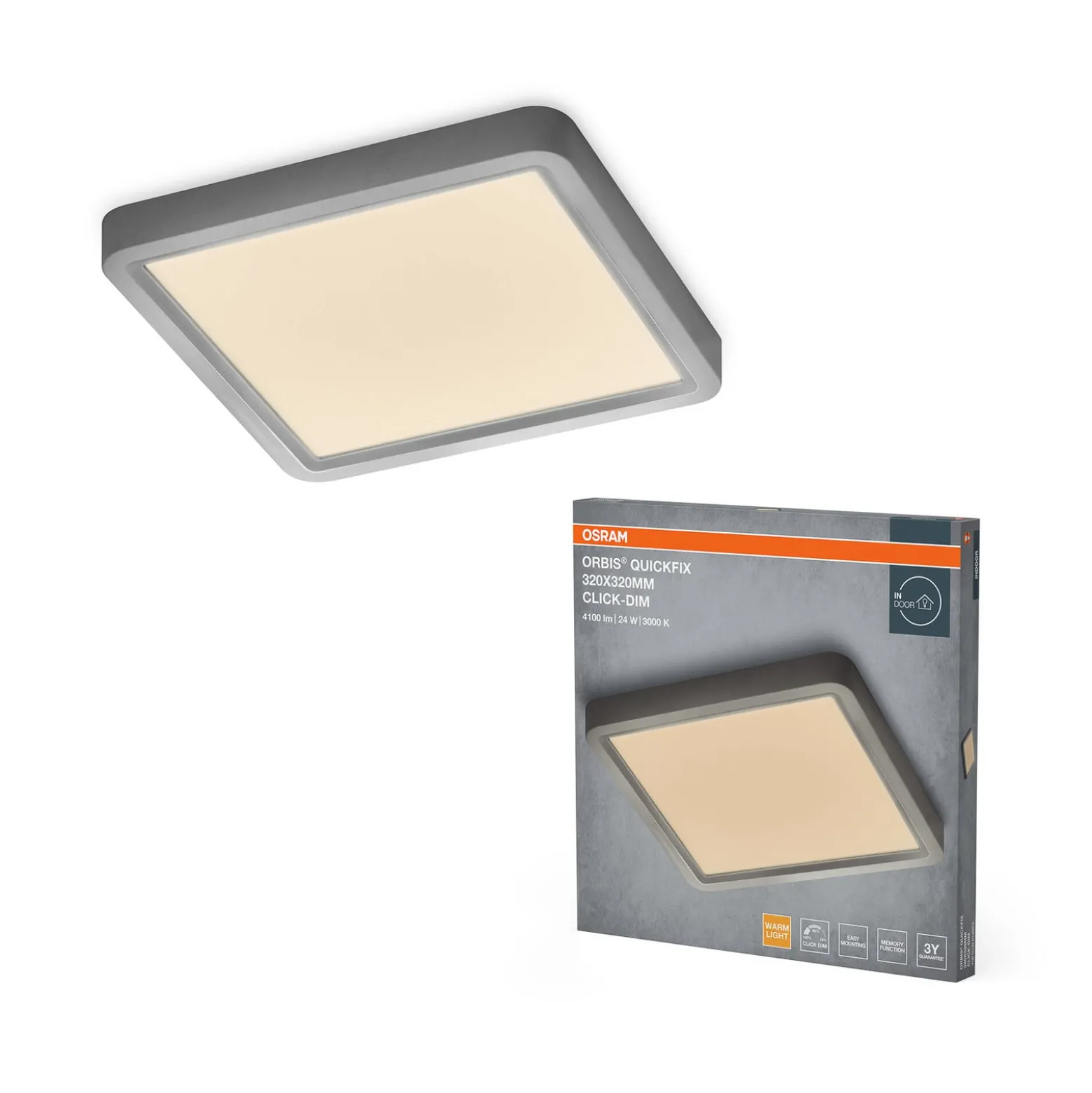 OSRAM LED-kattovalaisin ORBIS QUICKFIX 32x32 cm, hopea, clickdim