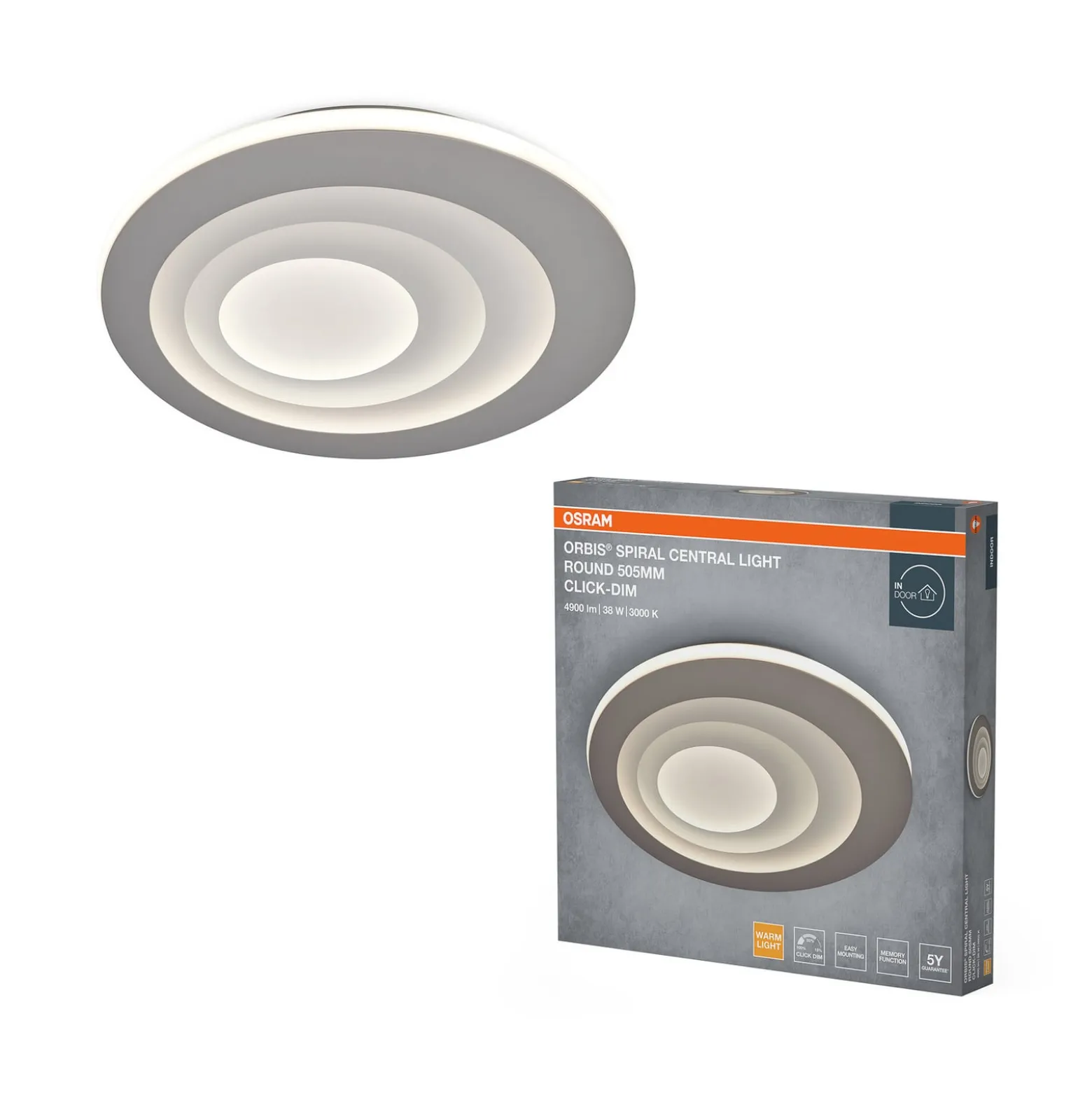 OSRAM LED-kattovalaisin ORBIS SPIRAL CENTRAL LIGHT, halkaisija 51 cm, harmaa