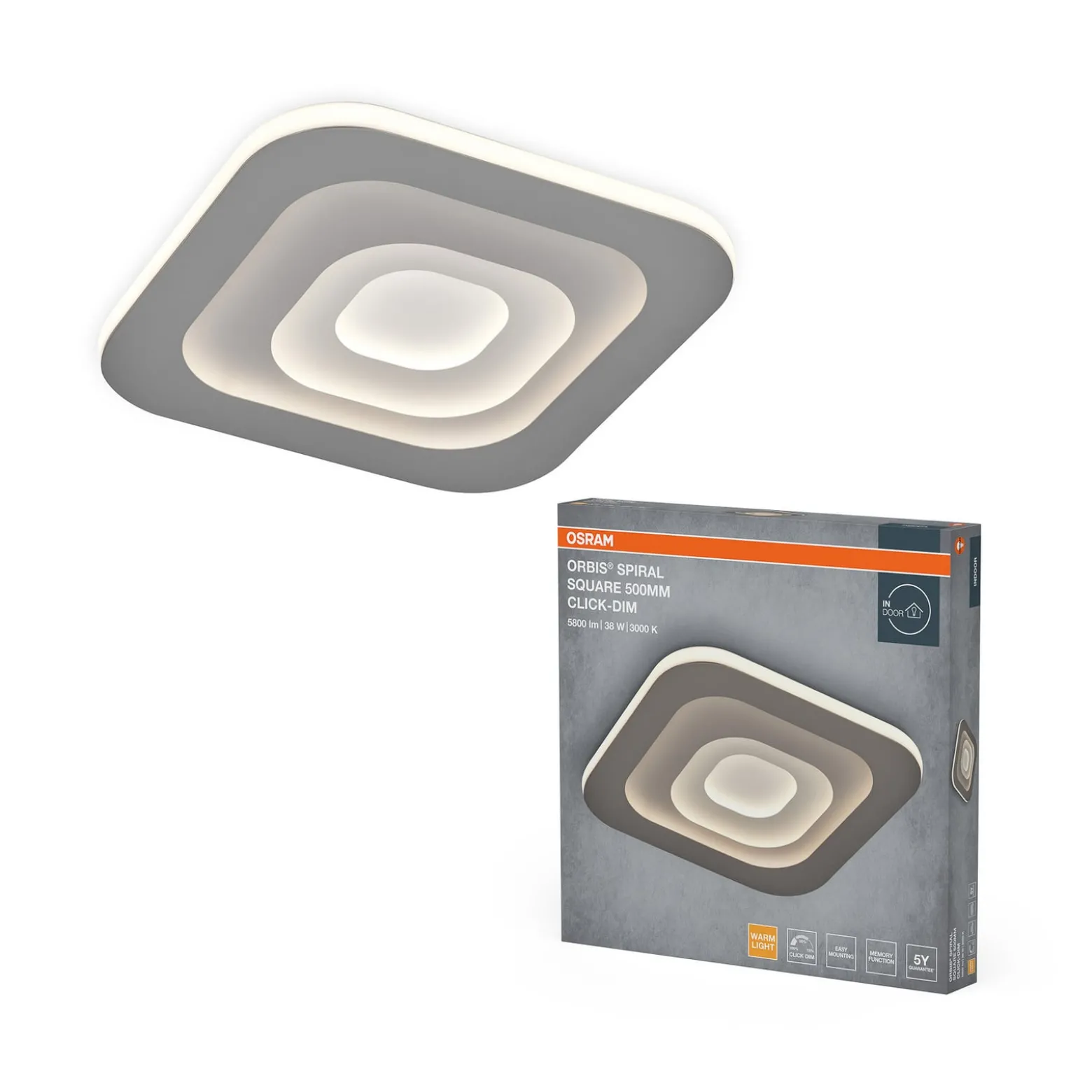 OSRAM LED-kattovalaisin ORBIS SPIRAL SQUARE, 50 x 50 cm, harmaa