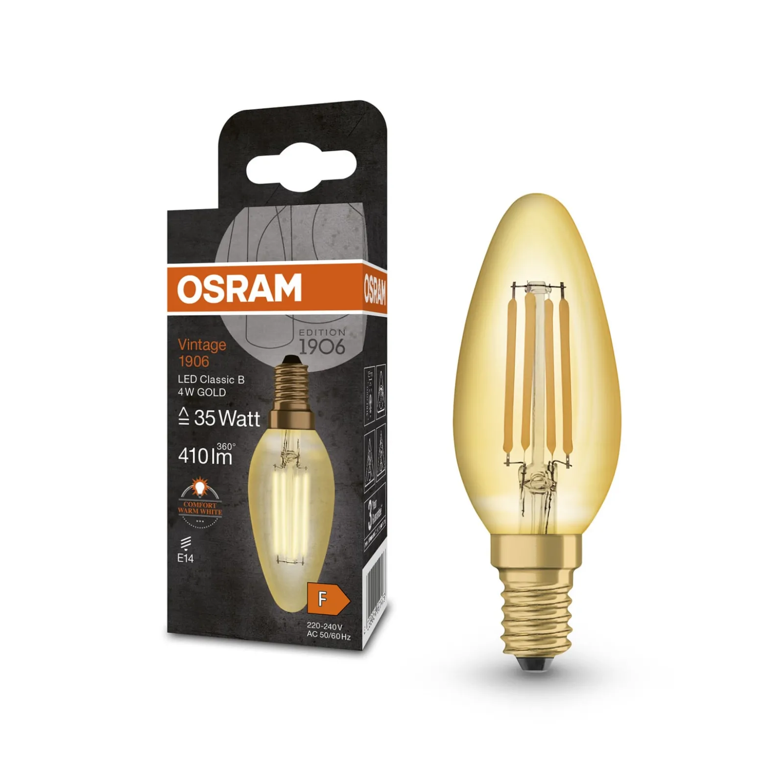 OSRAM LED-kynttilävalaisin Vintage 1906, E14 hehkulanka 4W 824 kultainen