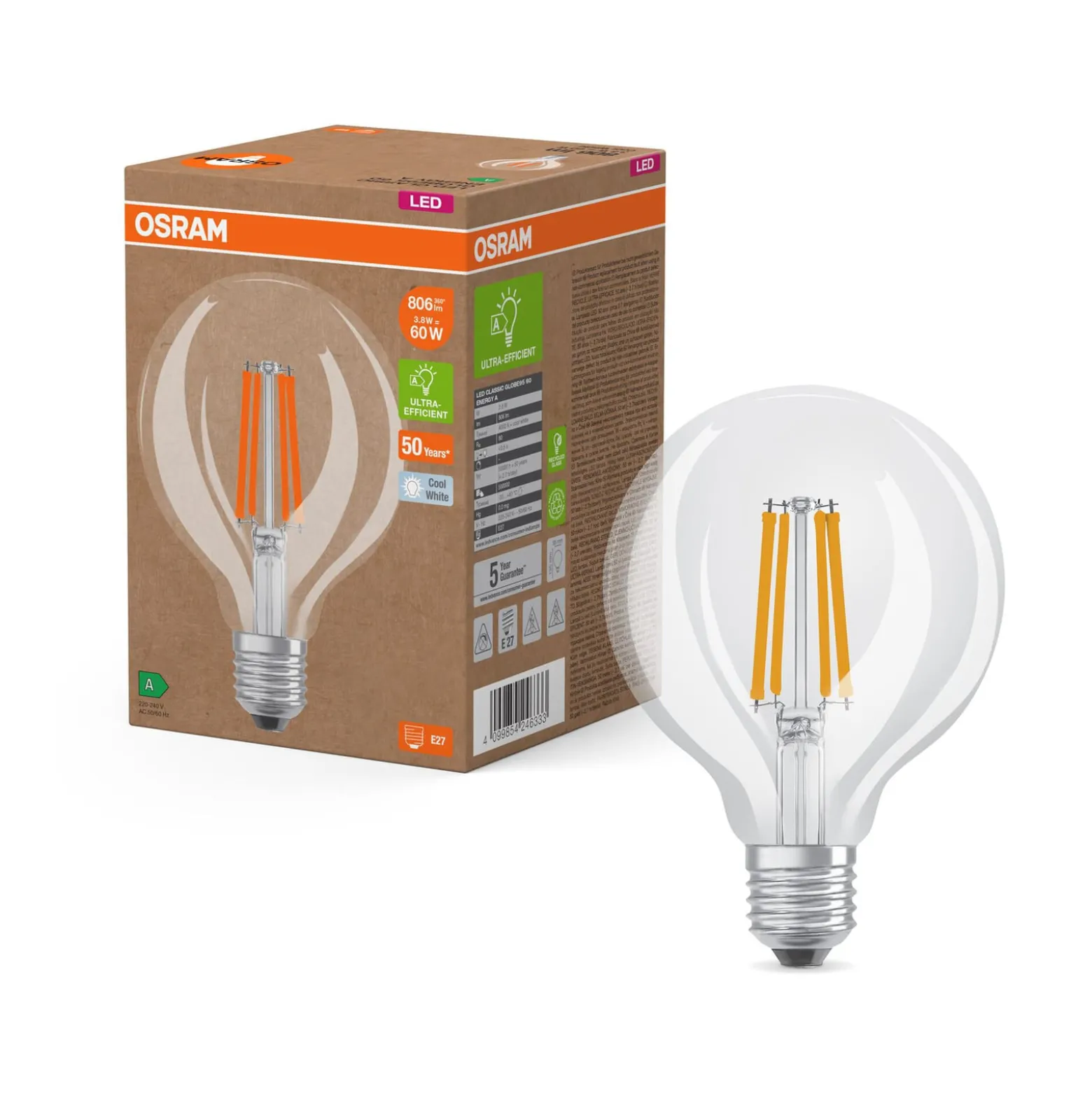 OSRAM LED-lamppu Globe G95 E27 3.8W hehkulanka 4,000K
