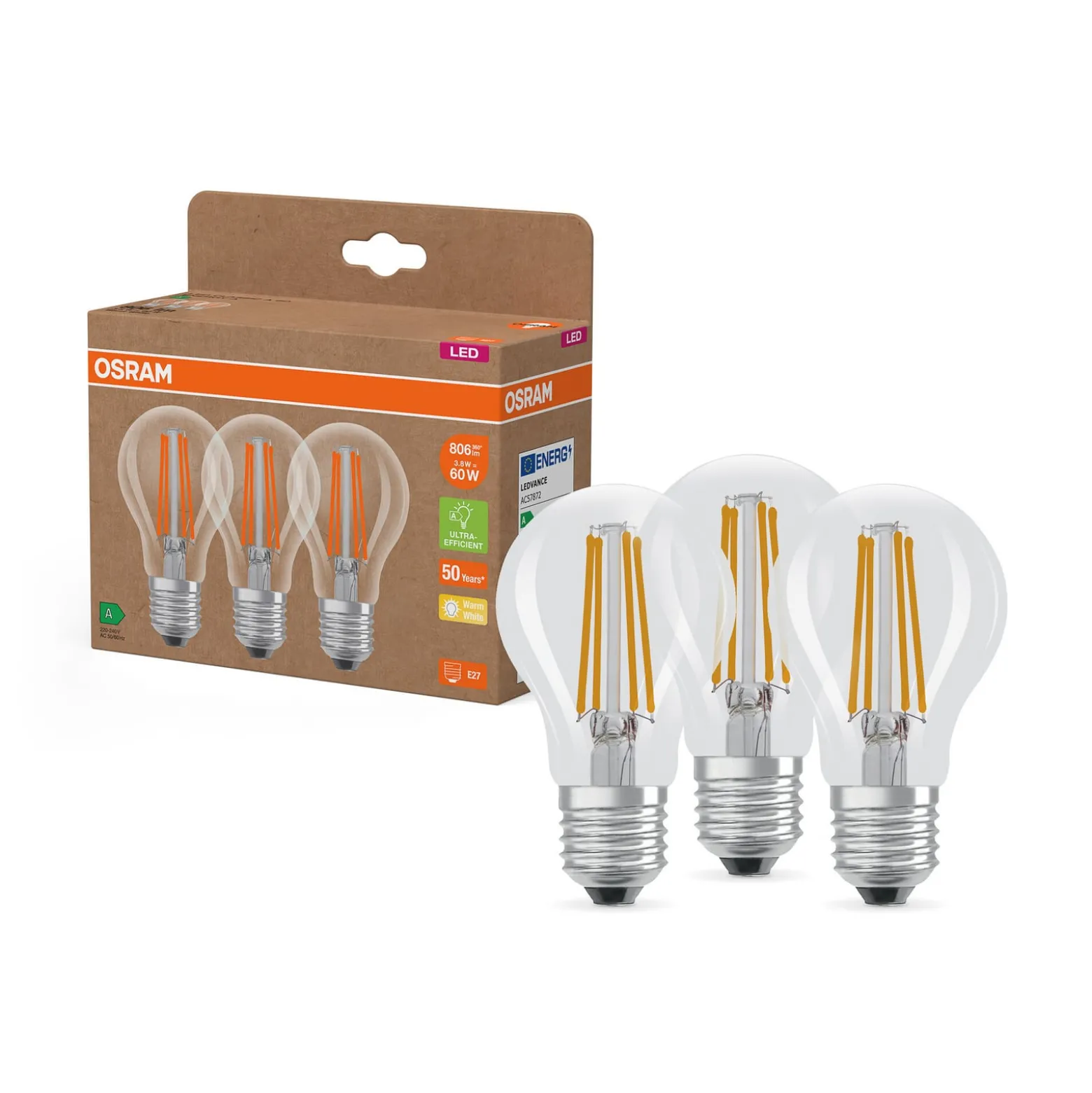 OSRAM LED-lamppu hehkulamppu E27 3.8W 827 EEK A 3-pakkaus