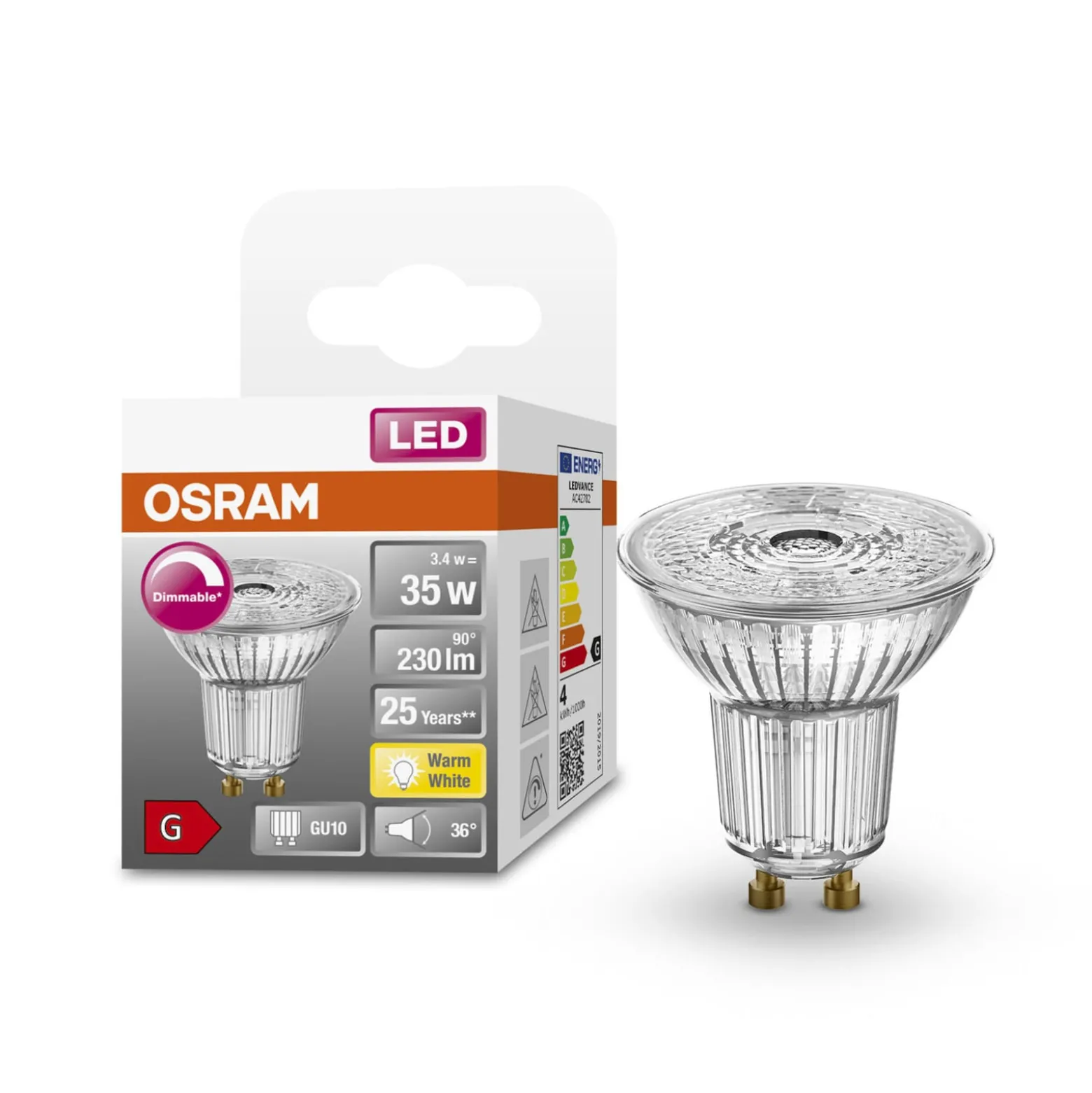 OSRAM-LED-lasi-heijastin GU10 3,4W 927 36° himmen.