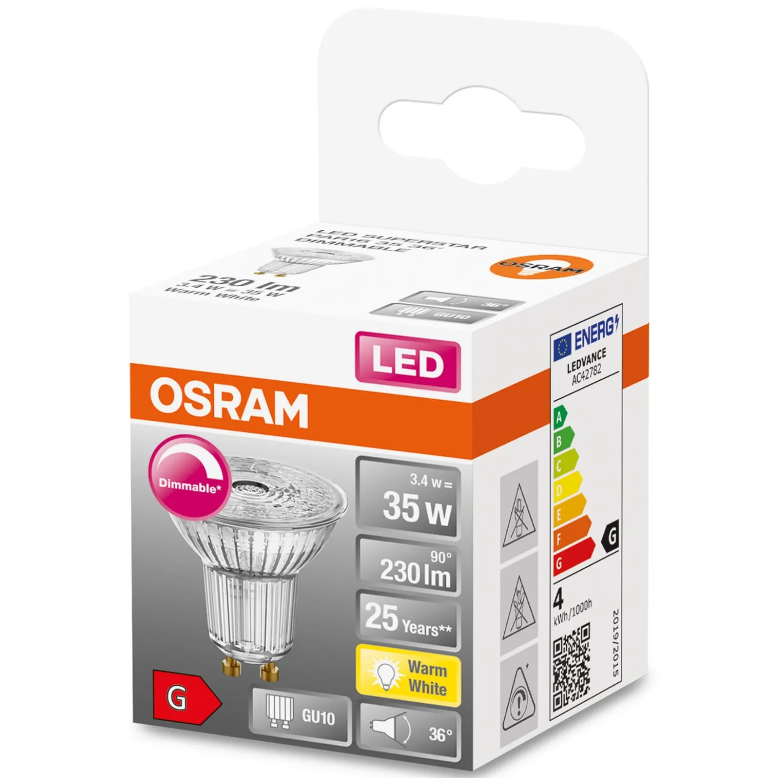 OSRAM-LED-lasi-heijastin GU10 3,4W 927 36° himmen.