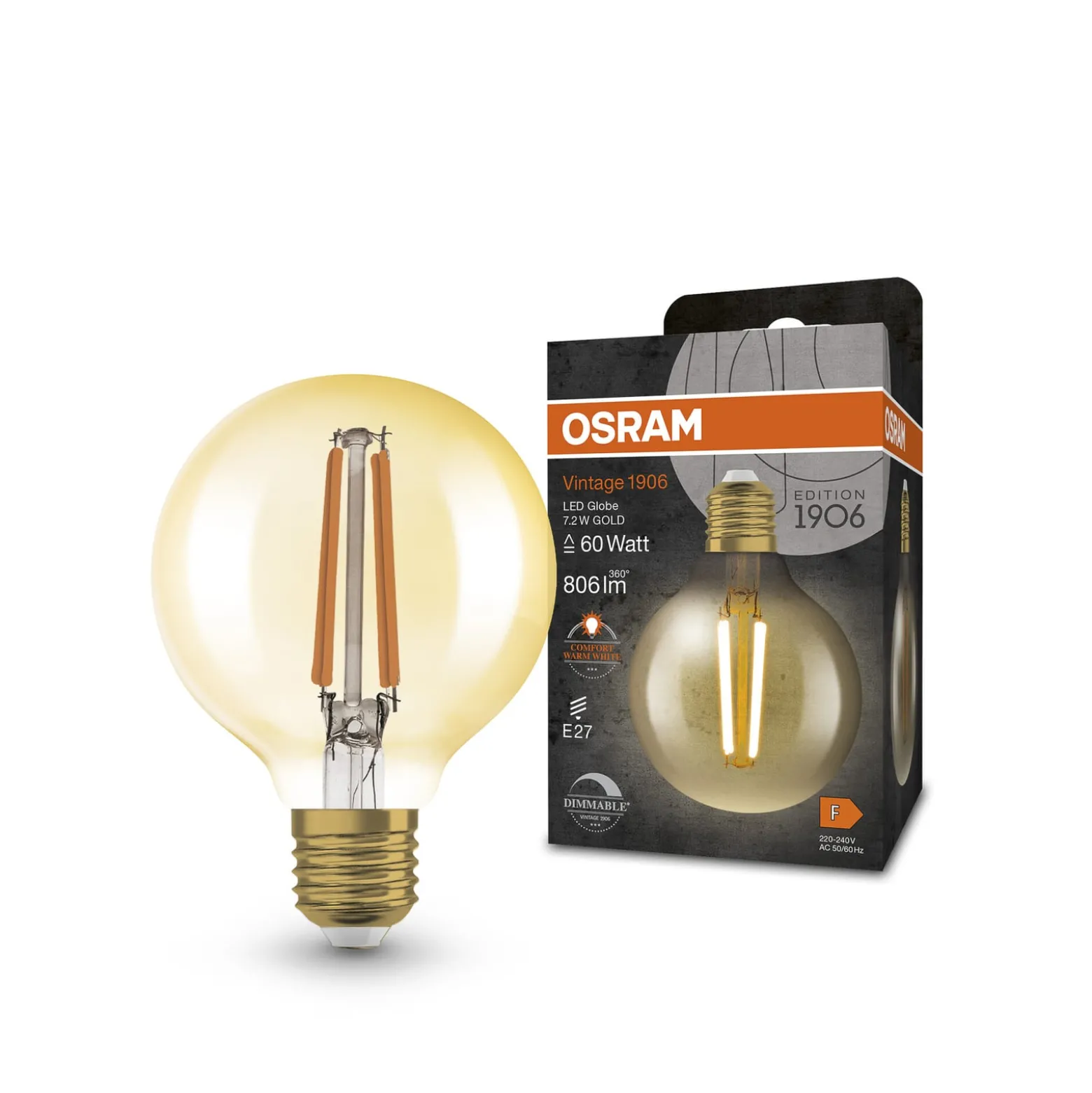 OSRAM LED Vintage 1906, G80, E27, 7,2 W, kultainen, 2400 K, himmeä.