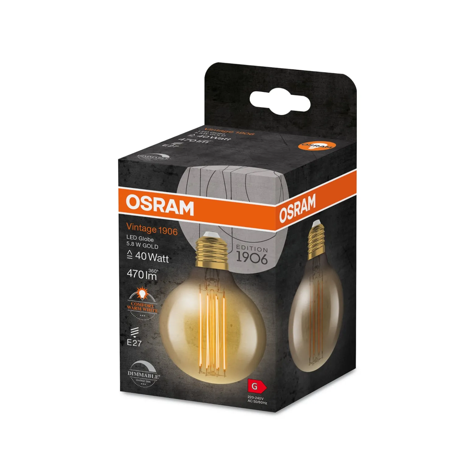 OSRAM LED Vintage 1906, G80, E27, 5,8 W, kultainen, 2200 K, himmeä.