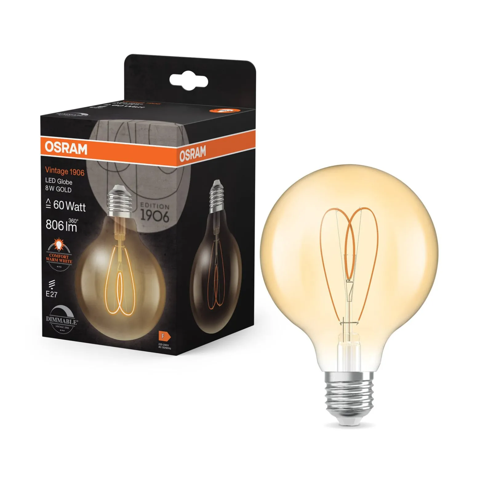 OSRAM LED Vintage G95 E27 8W 922 sydän hehkulamppu kultainen himmeä