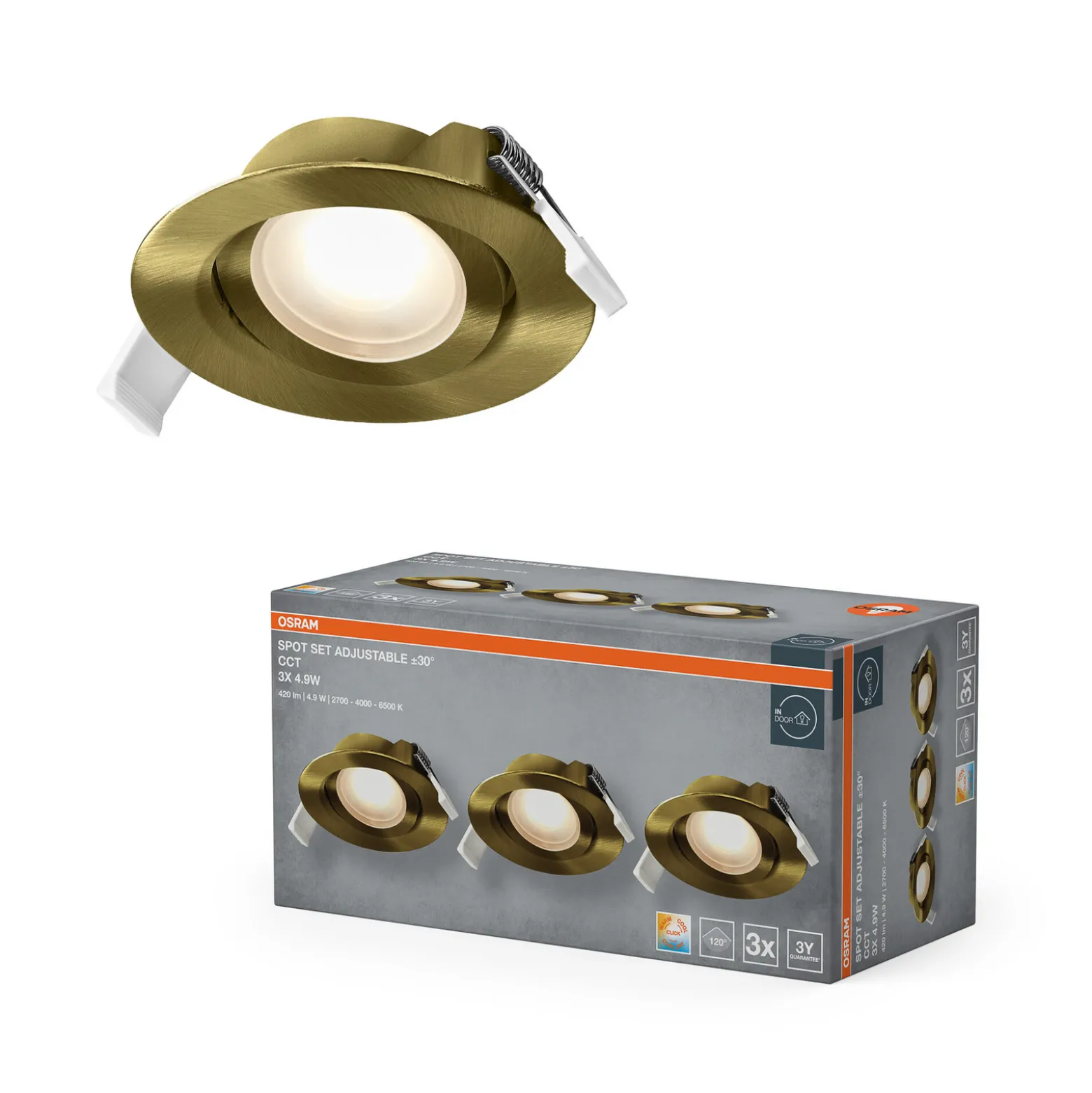 OSRAM upotettava LED-kohdevalaisin (3 kpl), click-CCT, 120°, messinki,