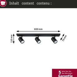 Paulmann kattokohdevalo Zyli musta pituus 60 cm 2-lamppuinen IP44