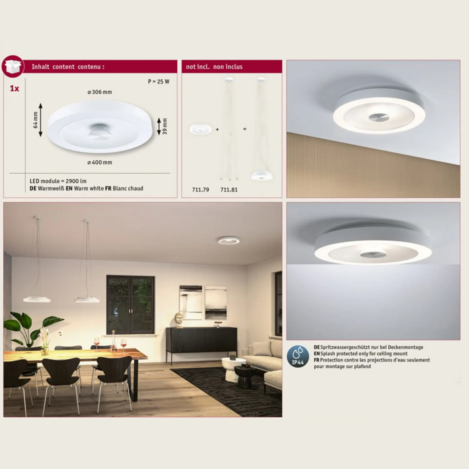 Paulmann LED-kattovalaisin Volea, valkoinen/hopea Ø 40 cm IP44 himmennettävä