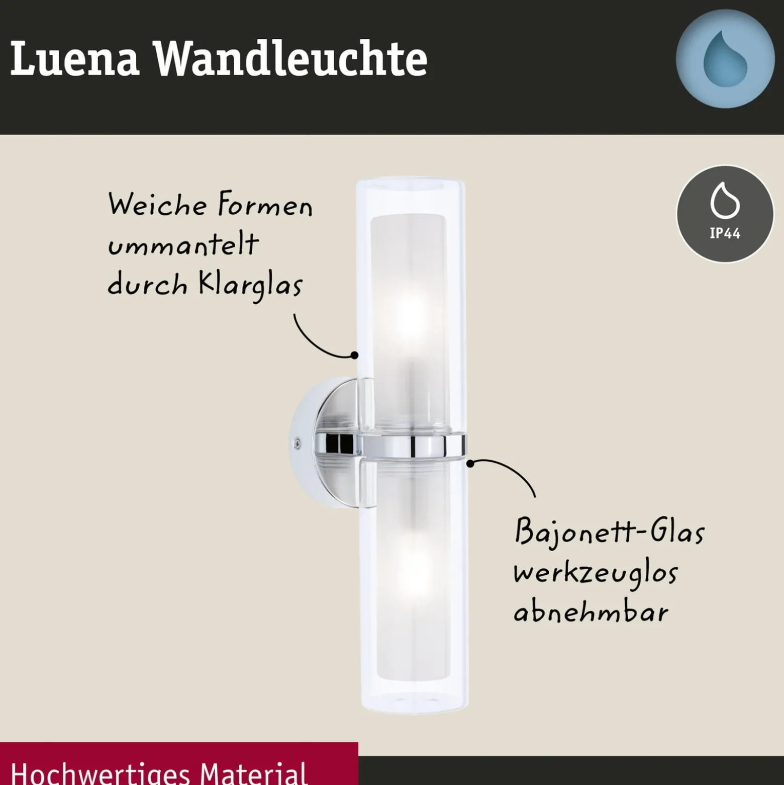 Paulmann Luena -seinävalaisin IP44 kromi E14 2x