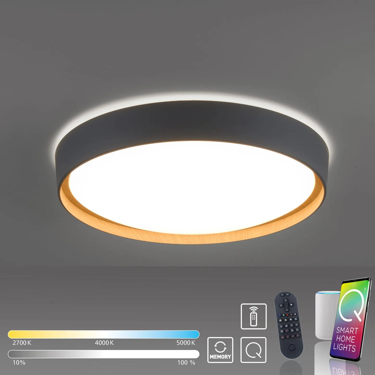Paul Neuhaus Q-EMILIA LED-kattovalaisin, harmaa/puu