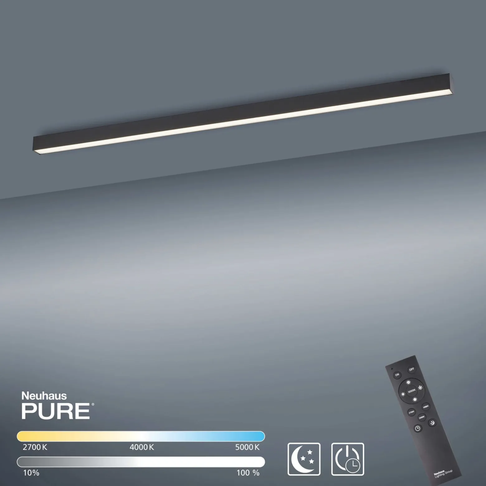 PURE LED-kattovalaisin Lines, 110 cm, antrasiitti, CCT, kaukosäädin