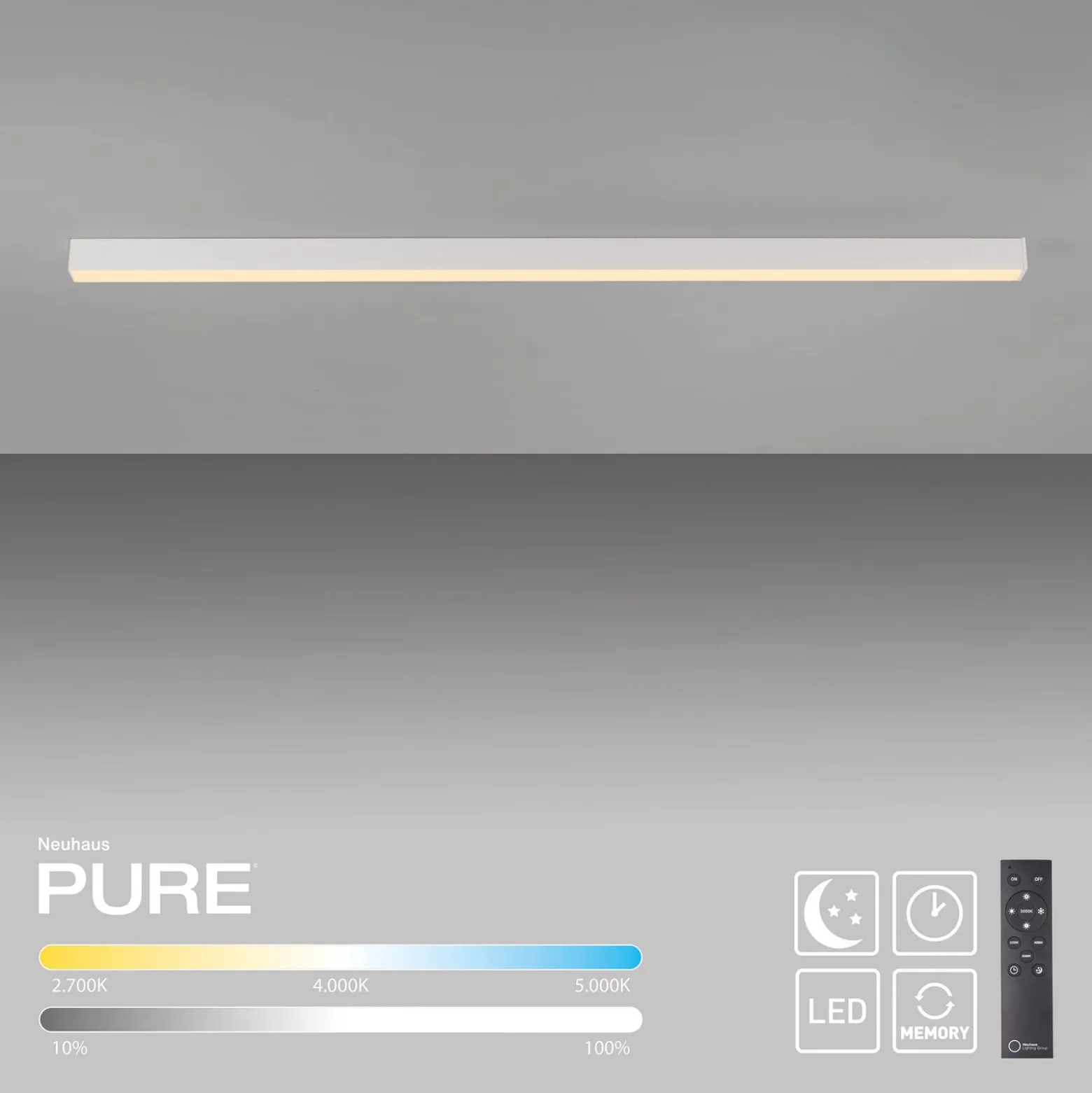 PURE LED-kattovalaisin Lines, valkoinen, 110 cm, CCT, kaukosäädin