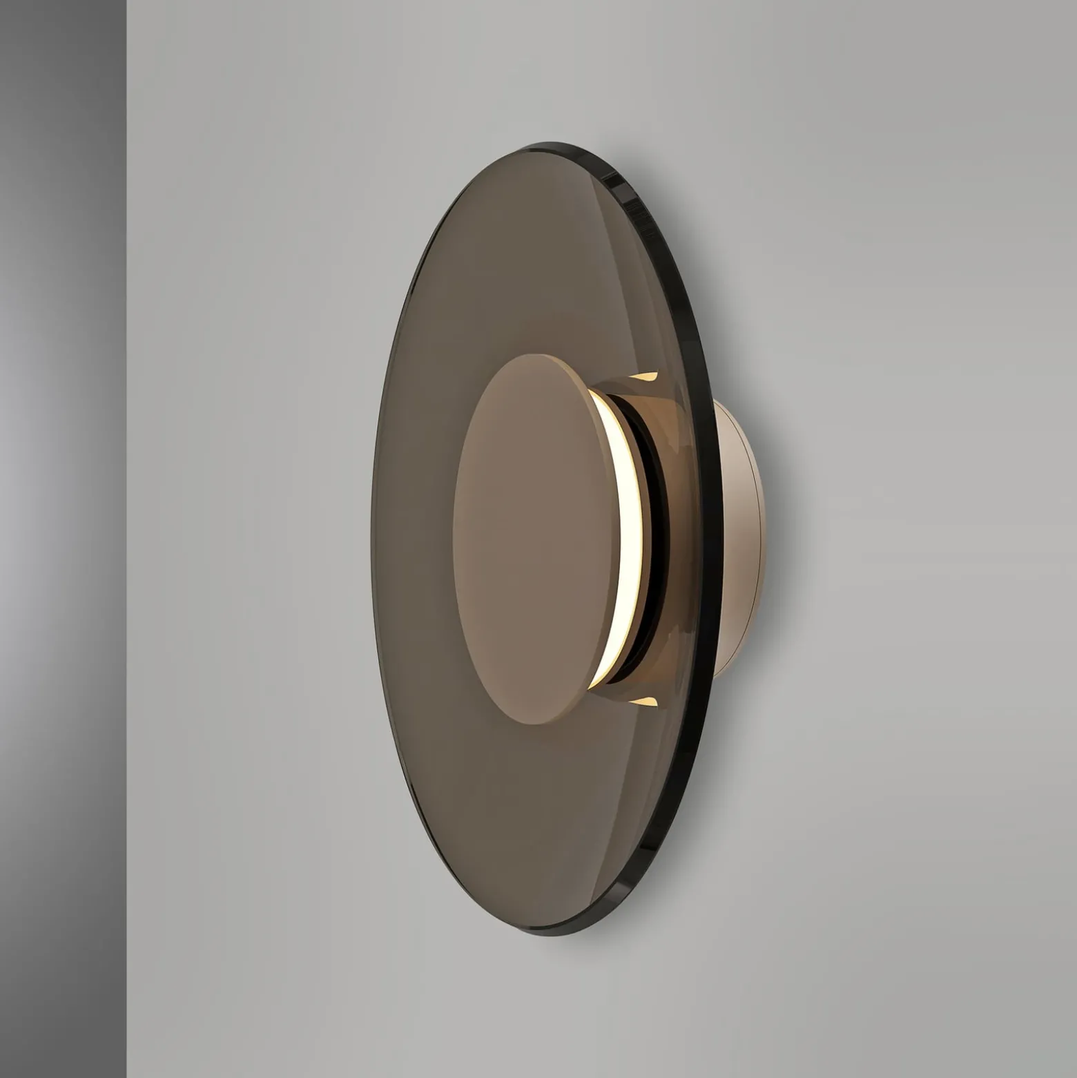 PURE LED-seinävalaisin Moon, pronssi, Ø 32 cm, lasi/alumiini