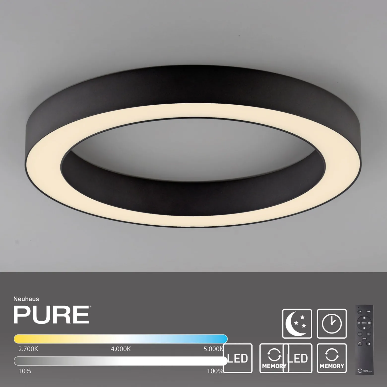 PURE Lines -LED-kattovalaisin, halkaisija 35 cm, grafiitti, CCT, kaukosäädin