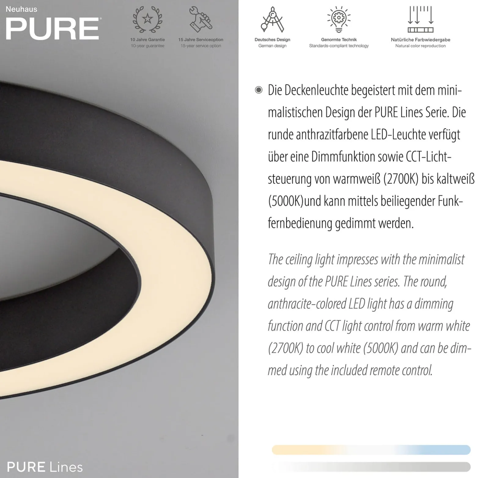 PURE Lines -LED-kattovalaisin, halkaisija 35 cm, grafiitti, CCT, kaukosäädin