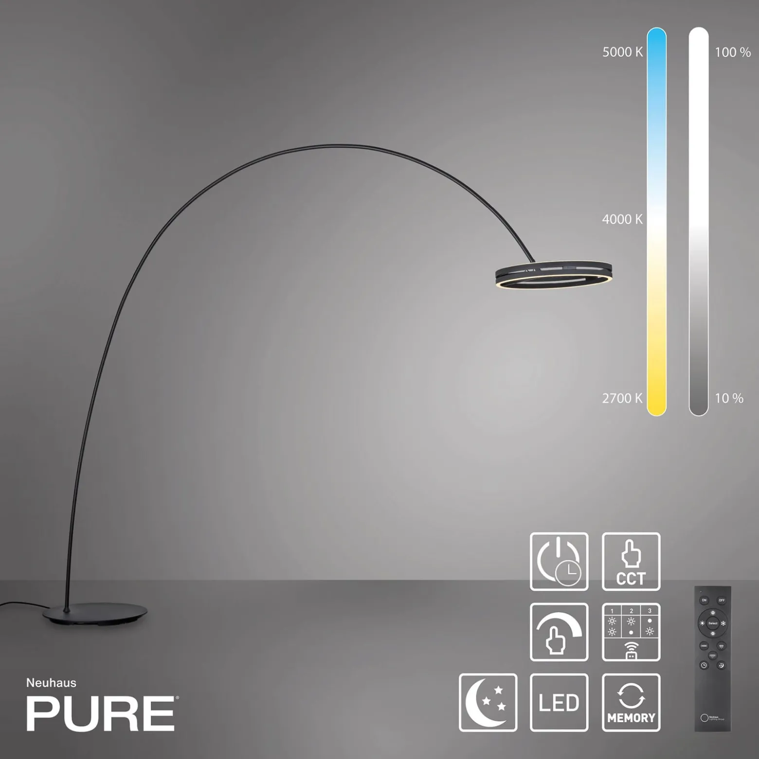 PURE Loop-Bow -LED-lattiavalo, musta, ulottuvuus 290 cm, CCT