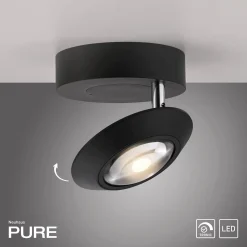 PURE Oculis -LED-kattovalaisin, musta, halkaisija 15 cm, rauta/lasi