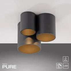 PURE Point -kylpyhuoneen LED-kattovalaisin, musta, 18 cm, 3-lamppuinen, IP44