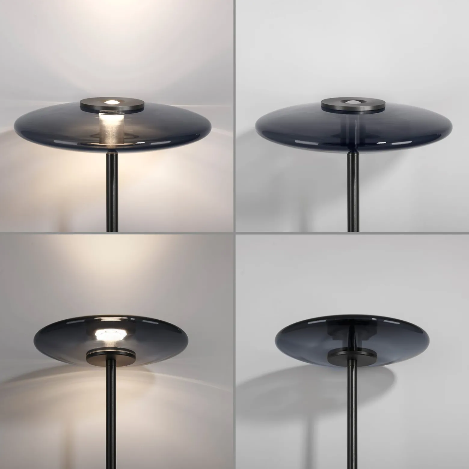 PURE Vitrum -LED-lattiavalaisin, harmaa alumiini/lasi, kosketushimmentimellä