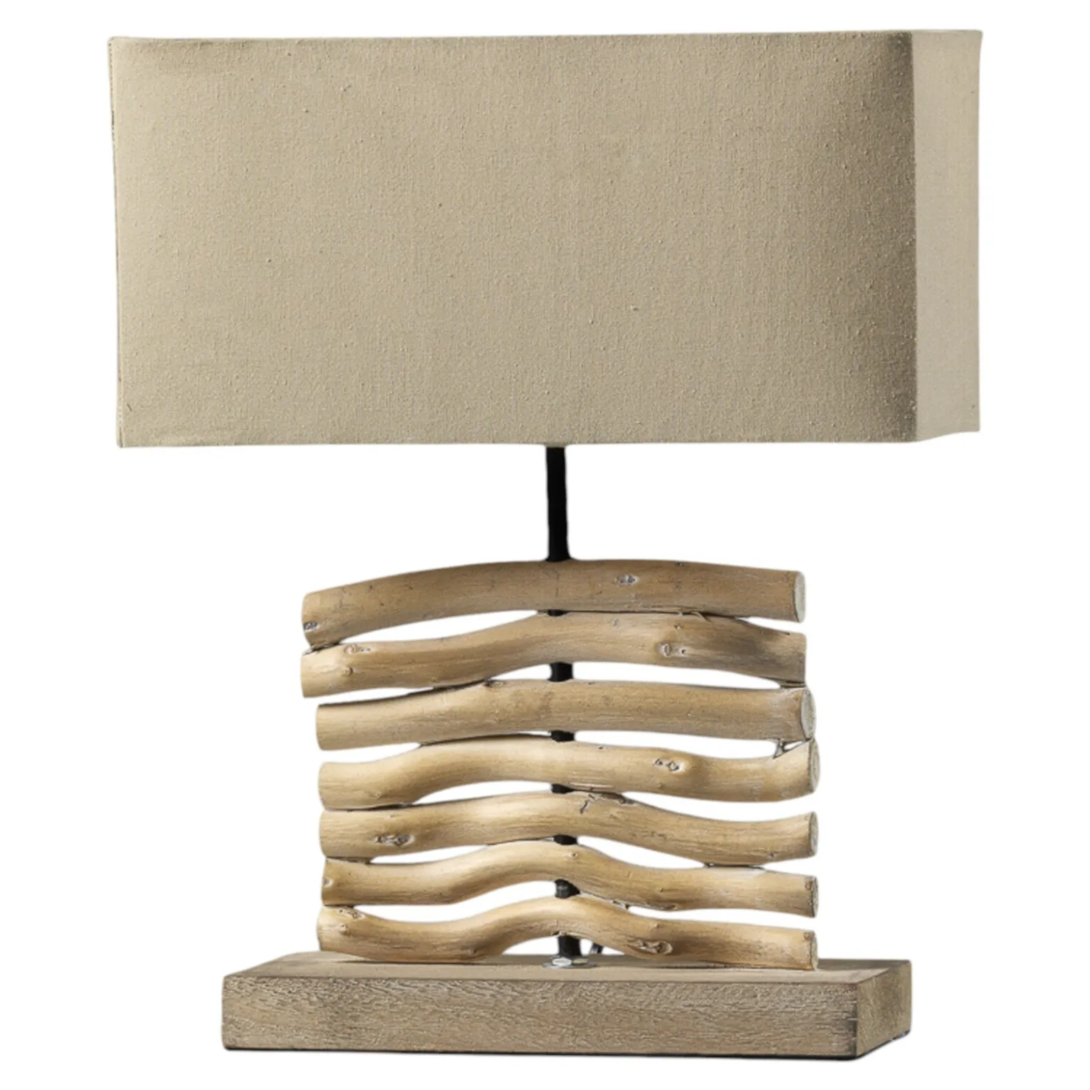 Pöytälamppu Marica, kangasvarjostin ja puu, korkeus 50 cm